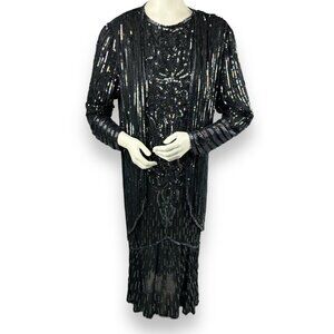 Vtg Fantasy By Lisa Kane Pure Silk Embellished Black Beaded Dress 36” Bust